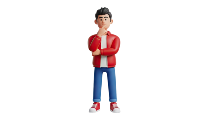3D Cartoon Man Thinking Pose with Hand on Chin on transparent background