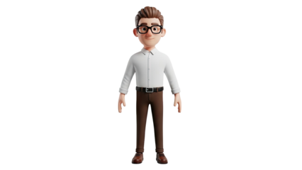 3D Cartoon Man with Glasses and White Shirt on transparent background