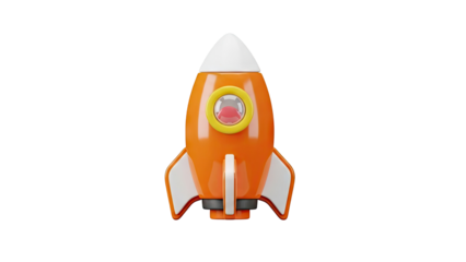 3D Cartoon Orange Rocket Ship with White Fins and Window on transparent background