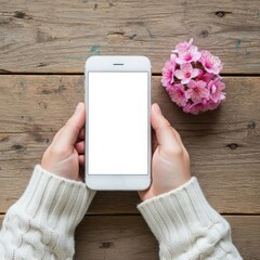 Person's hands holding a white smartphone with blank screen on a rustic wooden table with pink flowers