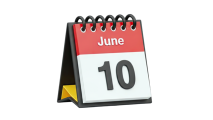 3D Desk calendar showing June 10 on transparent background