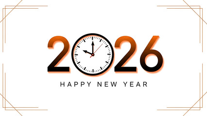 Happy new year 2026 with clock icon on white background and golden frame, festive celebration
