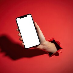 A hand emerges through a torn hole in a vibrant red background, presenting a blank smartphone screen.