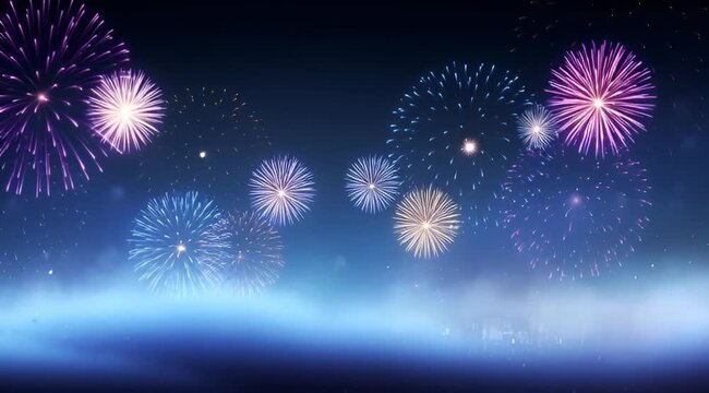 White fireworks border with copy space on blue night background
