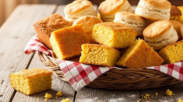 Baked cornbread and biscuits in a basket on rustic table for culinary use