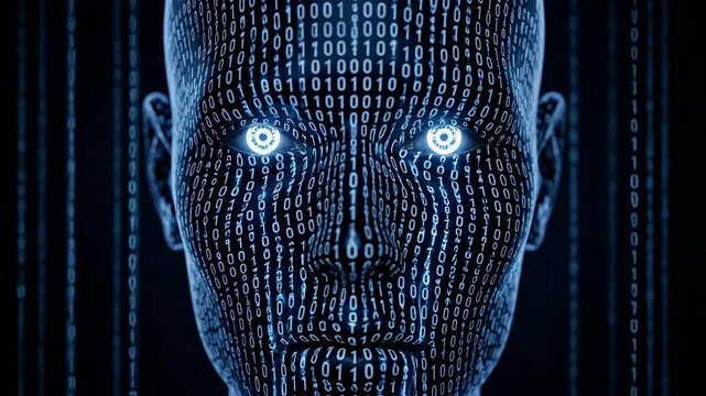 Digital face with binary code, concept of AI, technology, dark background, use