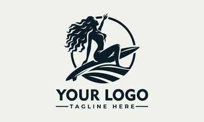 Vector logo design featuring a surfing woman silhouette with flowing hair riding a wave in a circular frame on a light green background.
