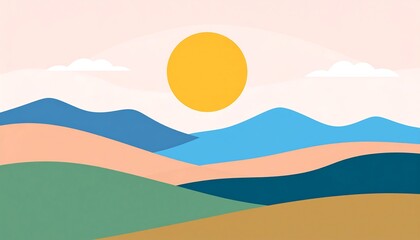 Colorful, minimalist illustration of mountains, sun, and clouds