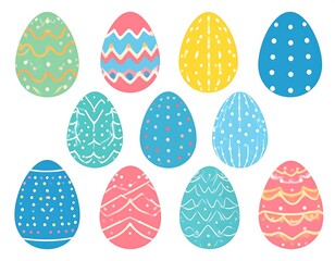 Colorful painted eggs with diverse patterns on white background