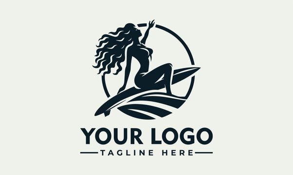 Vector logo design featuring a surfing woman silhouette with flowing hair riding a wave in a circular frame on a light green background. - Powered by Adobe