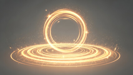A futuristic neon ring glows brightly on a dark background with swirling energy circles from a front viewpoint
