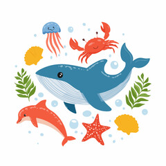 Fototapeta premium Cartoon illustration of marine life featuring a whale, dolphin, crab, jellyfish, and starfish.