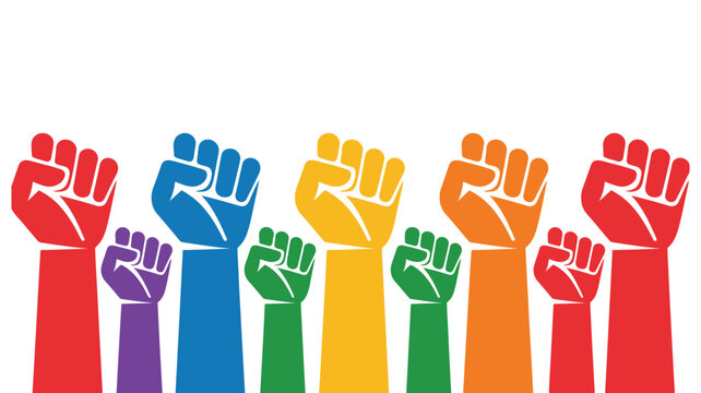 Colorful raised fists symbolizing unity, protest, empowerment, social justice movements, collective strength, activism, solidarity, human rights advocacy, equality, diversity, and powerful community 