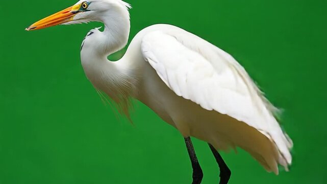 Majestic white egret standing alone on green background