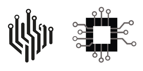Circuit board pattern and square microchip processor icons for technology hardware artificial intelligence and digital electronics system design