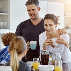 Breakfast, children and parents with coffee in home for nutrition, bonding and healthy...