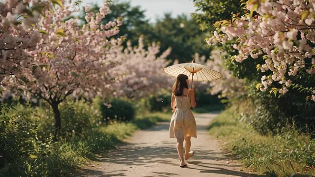Womans Serene Stroll Through Cherry Blossom Path - A Springtime Escape.