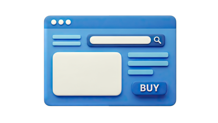 3D Abstract 3D web browser window with search and buy buttons on transparent background