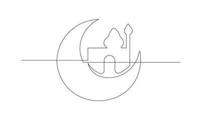 Ramadan crescent moon and mosque continuous line drawing