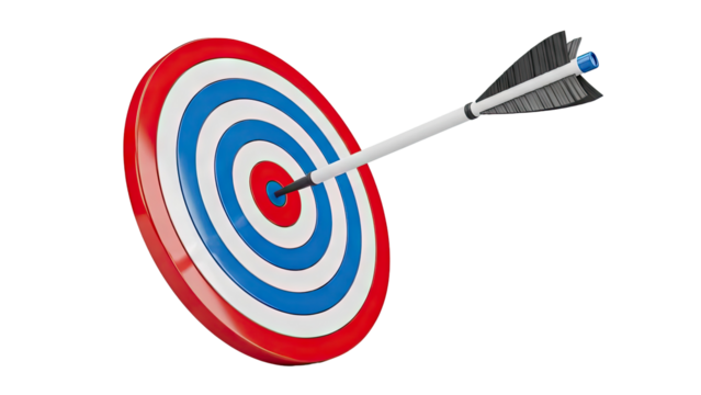 3D Arrow hitting the bullseye on a target on transparent background - Powered by Adobe