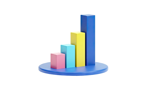 3D bar chart showing upward trend with bright colors on transparent background - Powered by Adobe
