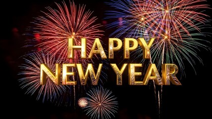 A colorful New Year fireworks display creates a bright explosion of light in the black night sky to celebrate a happy new year holiday festival event