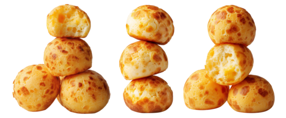 Stack of Brazilian cheesy bread balls with golden crust and holes, isolated on white background, concept of Pao de Queijo food