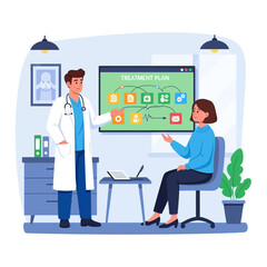 A doctor explaining a digital treatment plan flowchart on a large screen to a female patient in a clinic.