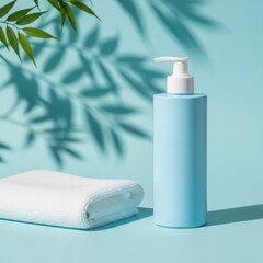 A light blue cylindrical pump bottle next to a folded white towel on a clean blue background
