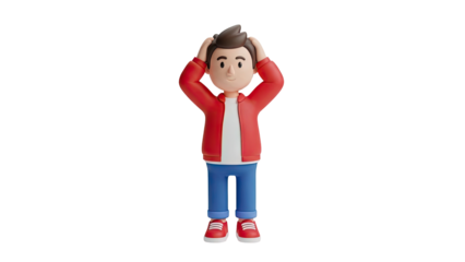 3D Cartoon Boy Holding Head in Confusion on transparent background