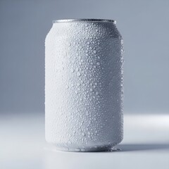 A refreshing chilled aluminum can covered with glistening water droplets against a clean background
