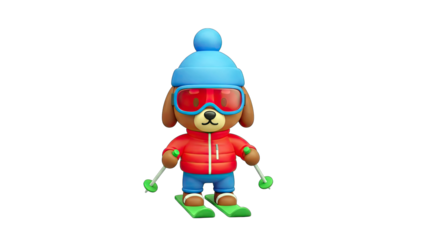 3D Cartoon dog skier with goggles and winter clothing on transparent background