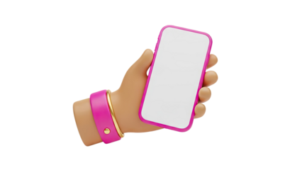 3D Cartoon hand holding a pink smartphone with a blank screen on transparent background