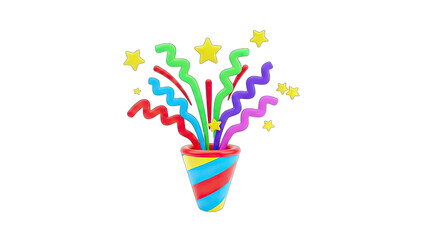 3D Confetti popper exploding with colorful streamers and stars on transparent background