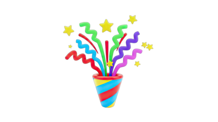 3D Confetti popper exploding with colorful streamers and stars on transparent background