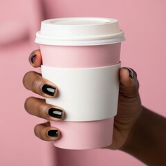 Stylish reusable pink coffee cup held by a hand with elegant black nails on a pink background