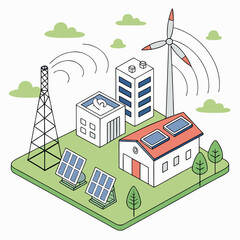Naklejka premium Isometric view of renewable energy ecosystem with solar panels wind turbine and buildings