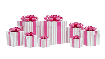 3D Pink and White Striped Gift Boxes with Ribbons on transparent background
