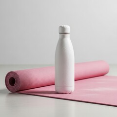A white reusable water bottle stands on a pink yoga mat ready for exercise