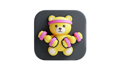 3D Cute Teddy Bear Icon with Dumbbells and Headband on transparent background