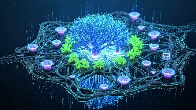 Futuristic digital tree glowing on circuit board with neon flowers in dark space, for tech