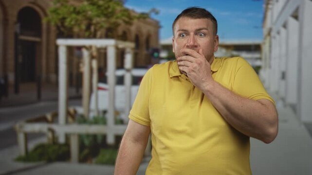 Man with hand to mouth and wide eyes on an urban street in yellow polo shirt near building facades and planters; surprise vulnerability.