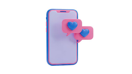3D render of a smartphone with pink chat bubbles and blue hearts on transparent background