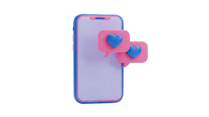 3D render of a smartphone with pink chat bubbles and blue hearts on transparent background