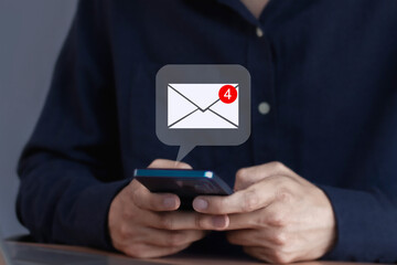 Email notifications and opening emails: Communication and marketing messaging concepts.
