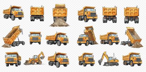 Set of yellow dump trucks and excavators in various poses for construction and transportation projects. © studio