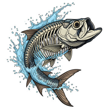 Tarpon fish skeleton jumping out of water with blue splashes vector illustration isolated on white