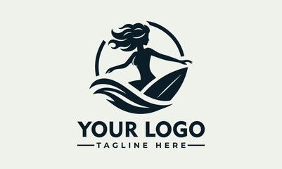 Vector logo featuring a surfing woman silhouette on a wave with a circular outline and customizable text on a light green background.