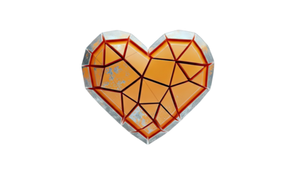 3D Geometric broken heart shape with orange and silver texture on transparent background