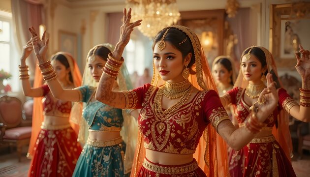 Bride squad practicing choreography, smart bangles glowing with rhythm, mehndi designs animated, ultra-detailed, 3D cinematic style
